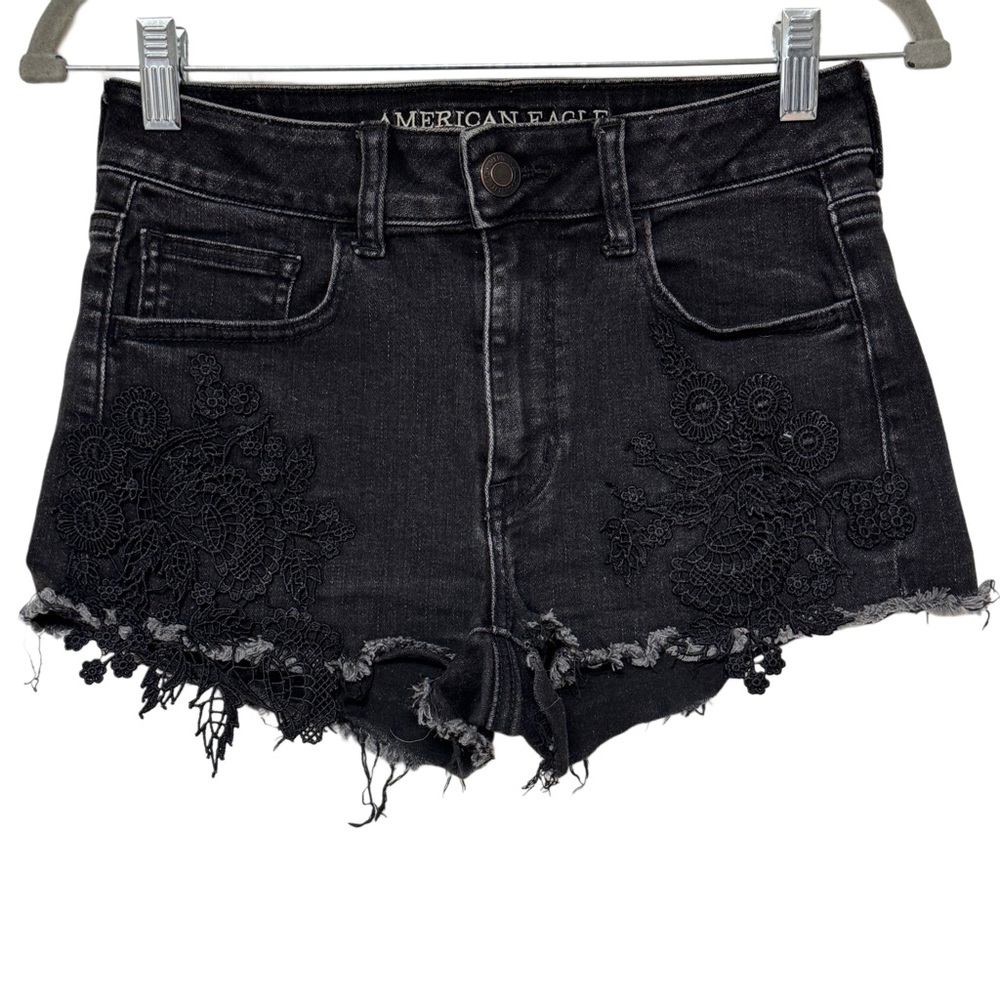 {American Eagle} "Hi-Rise Shortie" Lace Front Cutoff Frayed Hem Denim Shorts